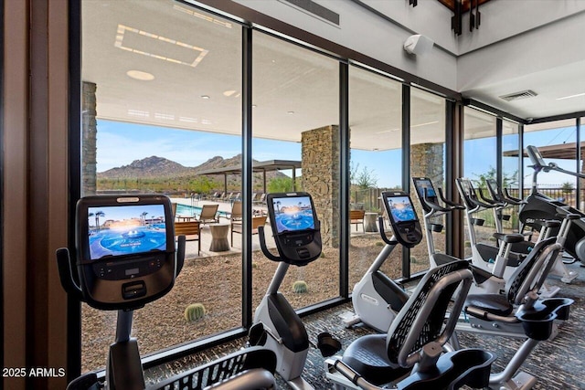 workout area with a mountain view, carpet flooring, and plenty of natural light