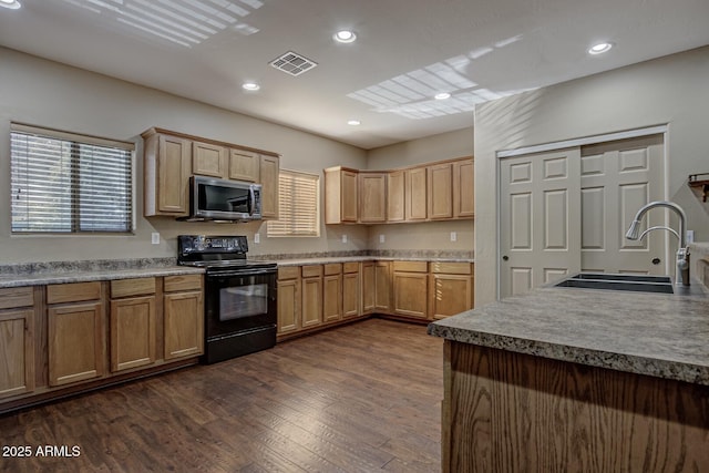 kitchen with sink, electric range, and dark hardwood / wood-style floors