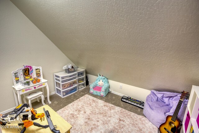 playroom featuring a textured ceiling and dark colored carpet