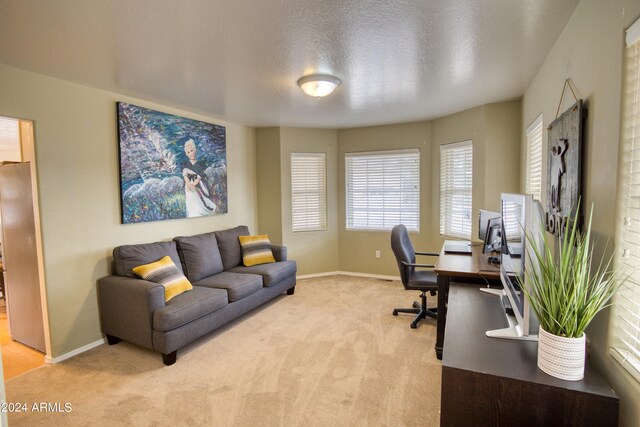 carpeted office featuring a textured ceiling