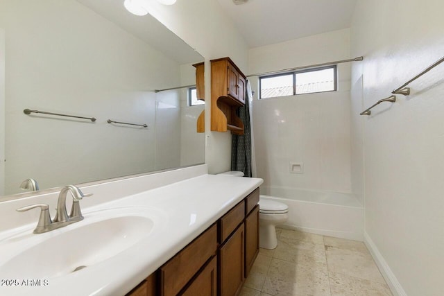 full bathroom with toilet, vanity, and shower / bathing tub combination