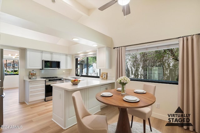 kitchen featuring ceiling fan, sink, light hardwood / wood-style floors, white cabinets, and appliances with stainless steel finishes