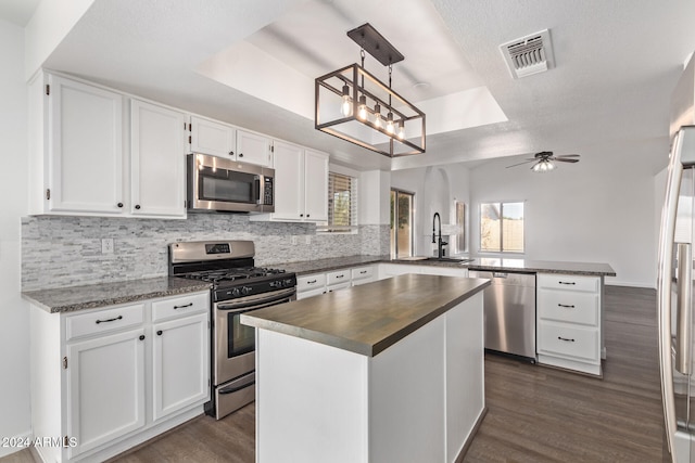 kitchen with white cabinets, kitchen peninsula, appliances with stainless steel finishes, and a kitchen island