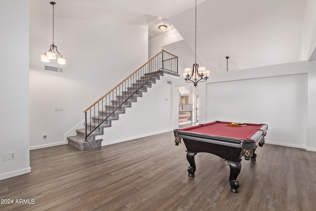 recreation room with billiards, dark wood-type flooring, and high vaulted ceiling