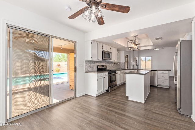 kitchen featuring visible vents, dark wood-style flooring, a tray ceiling, a wealth of natural light, and stainless steel appliances