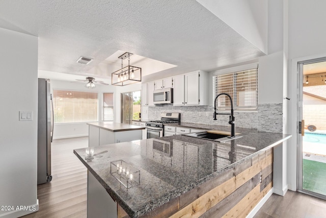 kitchen featuring visible vents, appliances with stainless steel finishes, a center island, wood finished floors, and a sink