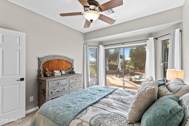 bedroom with baseboards, access to outside, carpet, and a ceiling fan