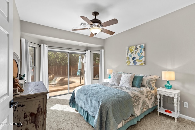 bedroom with access to outside, baseboards, carpet floors, visible vents, and ceiling fan