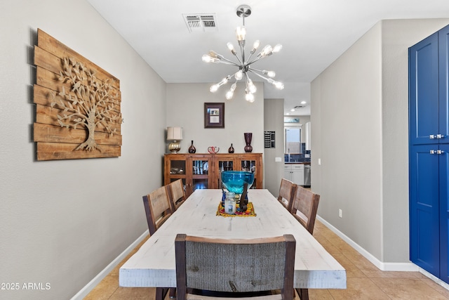 dining area featuring visible vents, baseboards, an inviting chandelier, and light tile patterned flooring
