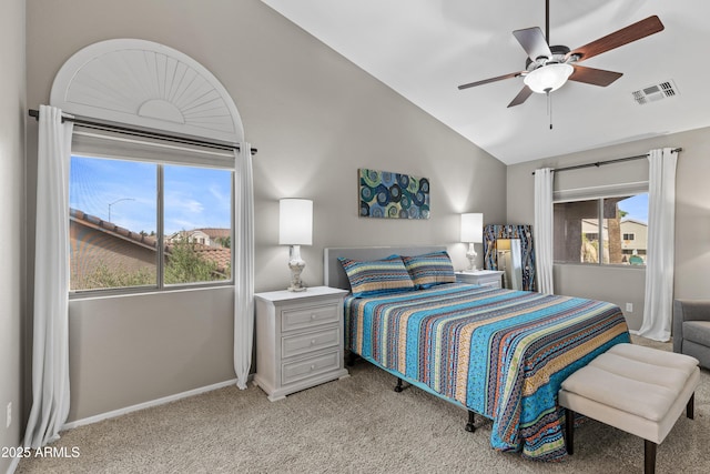 bedroom featuring baseboards, vaulted ceiling, light carpet, visible vents, and ceiling fan
