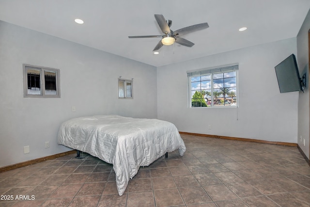 bedroom with baseboards, ceiling fan, and recessed lighting