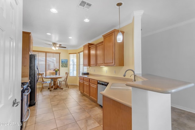 kitchen featuring light tile floors, ceiling fan, kitchen peninsula, appliances with stainless steel finishes, and hanging light fixtures