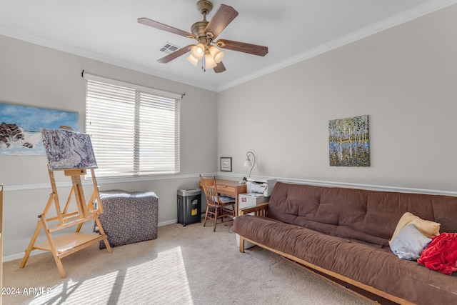 living room with light carpet, ornamental molding, and ceiling fan