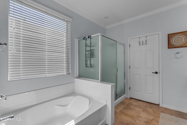 bathroom featuring tile flooring, crown molding, and shower with separate bathtub