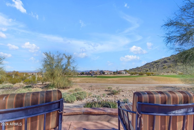 view of terrace featuring a mountain view