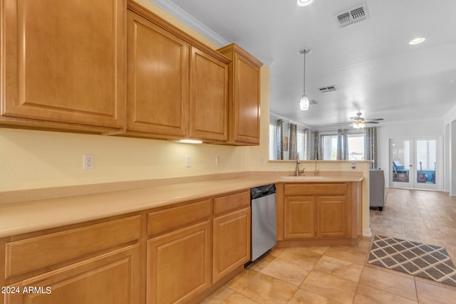 kitchen featuring ceiling fan, light tile flooring, sink, dishwasher, and pendant lighting