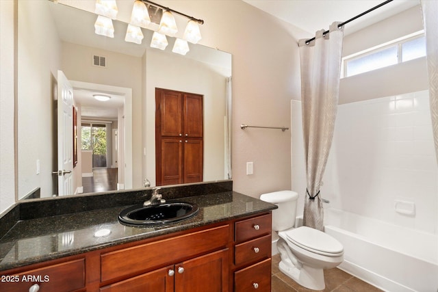 full bath featuring tile patterned flooring, vanity, toilet, visible vents, and shower / bath combination with curtain