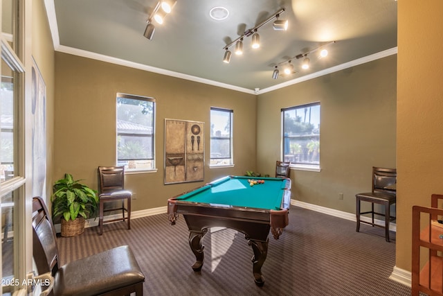 playroom featuring carpet floors, crown molding, pool table, and baseboards