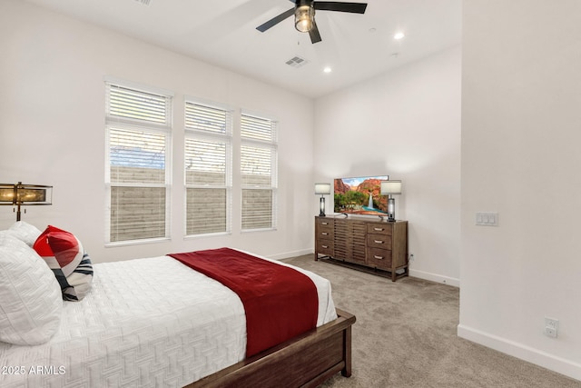 bedroom with light carpet, visible vents, baseboards, and recessed lighting