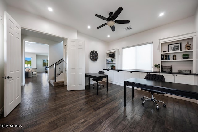 7432 W Bronco Trl, Peoria, AZ 85383 - office area featuring dark wood-style floors, a ceiling fan, and recessed lighting