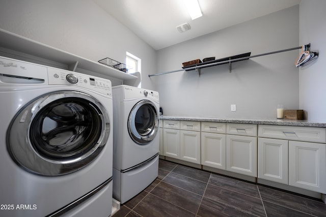 7432 W Bronco Trl, Peoria, AZ 85383 - laundry area featuring separate washer and dryer, cabinet space, and dark tile patterned floors