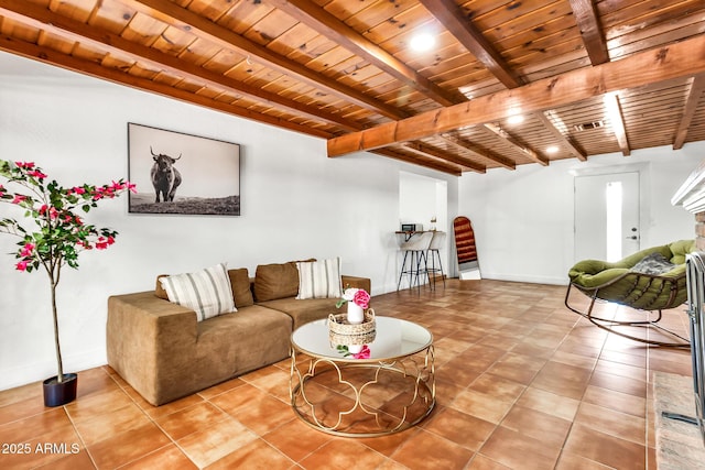 1451 E Brown Rd, Mesa, AZ 85203 - living area with baseboards, beamed ceiling, wood ceiling, and tile patterned floors