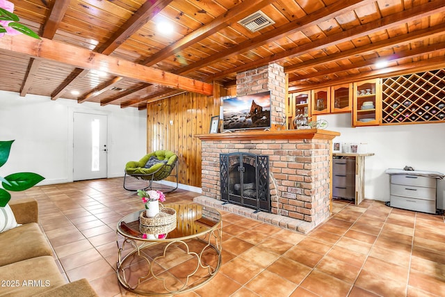 1451 E Brown Rd, Mesa, AZ 85203 - living area with visible vents, a fireplace, beam ceiling, wooden ceiling, and tile patterned floors
