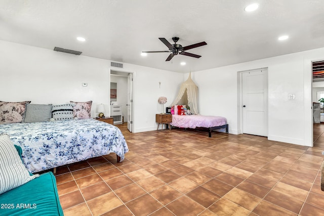 1451 E Brown Rd, Mesa, AZ 85203 - tiled bedroom with recessed lighting, a ceiling fan, visible vents, and baseboards