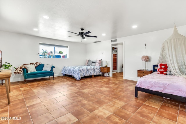 1451 E Brown Rd, Mesa, AZ 85203 - bedroom with recessed lighting, a ceiling fan, visible vents, and light tile patterned flooring