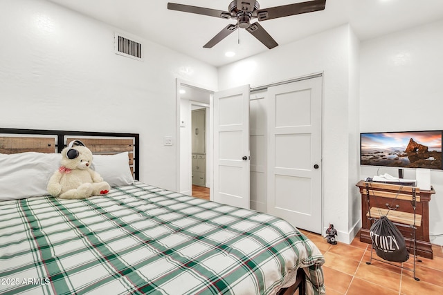 1451 E Brown Rd, Mesa, AZ 85203 - bedroom with ceiling fan, recessed lighting, light tile patterned floors, visible vents, and a closet