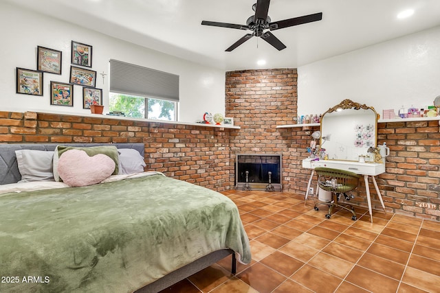 1451 E Brown Rd, Mesa, AZ 85203 - tiled bedroom featuring recessed lighting and a brick fireplace