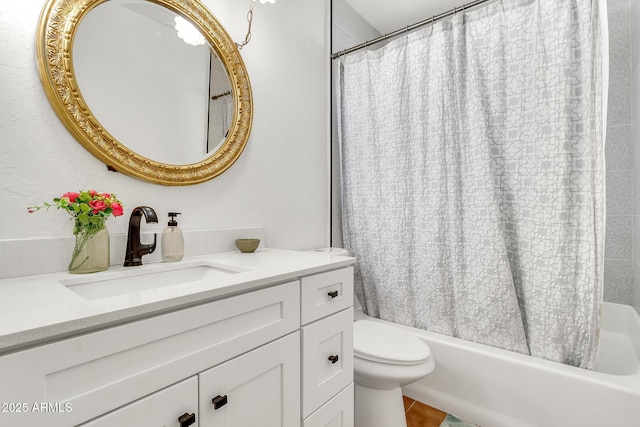 1451 E Brown Rd, Mesa, AZ 85203 - full bath featuring vanity, shower / tub combo with curtain, tile patterned floors, and toilet