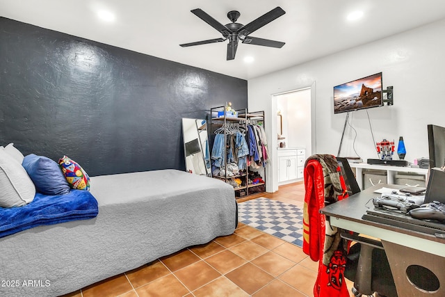 1451 E Brown Rd, Mesa, AZ 85203 - bedroom featuring recessed lighting, tile patterned floors, a ceiling fan, and ensuite bathroom