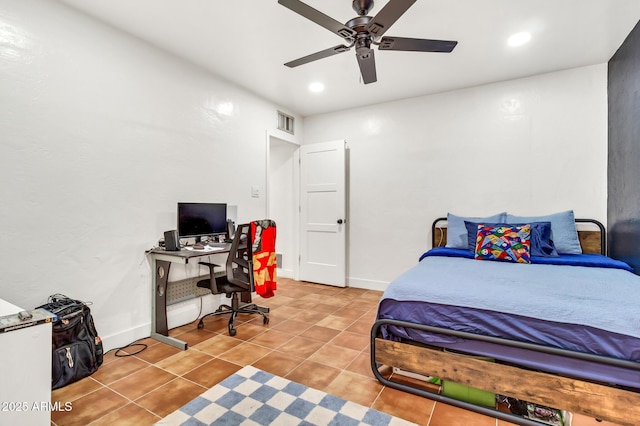 1451 E Brown Rd, Mesa, AZ 85203 - tiled bedroom featuring baseboards, a ceiling fan, recessed lighting, and visible vents