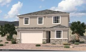 traditional home featuring stone siding, driveway, and a garage