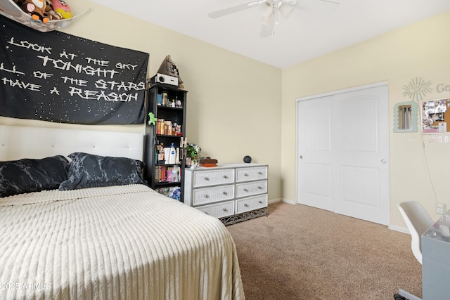 bedroom featuring baseboards, a ceiling fan, and carpet flooring