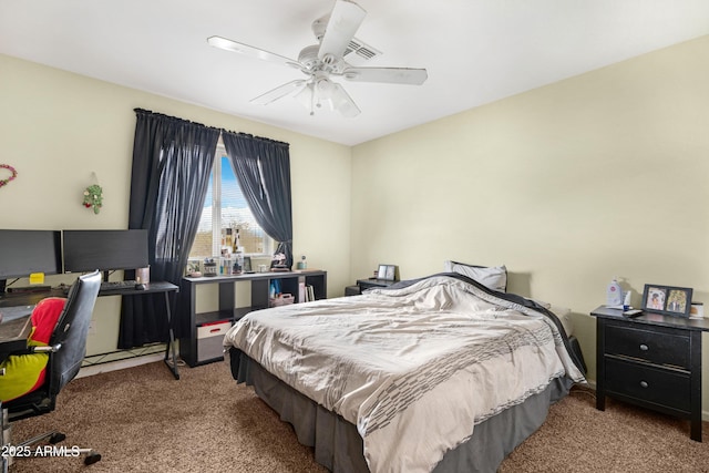 bedroom with a ceiling fan and carpet flooring