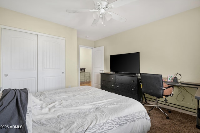 carpeted bedroom featuring a closet and a ceiling fan