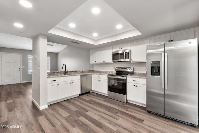 kitchen featuring light stone counters, white cabinetry, a raised ceiling, and stainless steel appliances