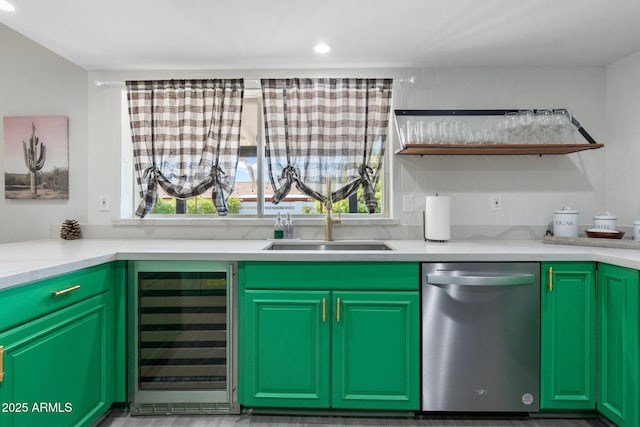 kitchen featuring wine cooler, sink, and dishwasher