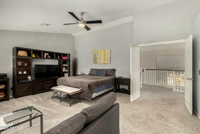 16047 S 14th Dr, Phoenix, AZ 85045 - bedroom with visible vents, high vaulted ceiling, ceiling fan, and carpet floors