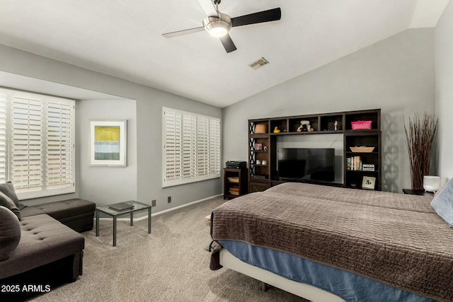 16047 S 14th Dr, Phoenix, AZ 85045 - bedroom featuring vaulted ceiling, carpet flooring, baseboards, visible vents, and a ceiling fan