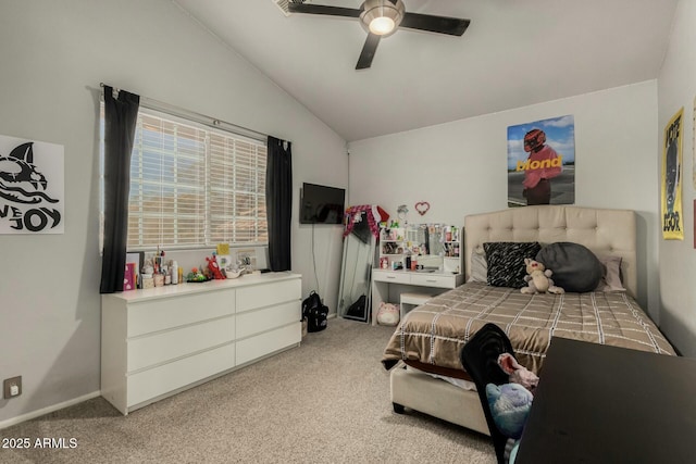 16047 S 14th Dr, Phoenix, AZ 85045 - bedroom featuring light colored carpet, vaulted ceiling, and ceiling fan