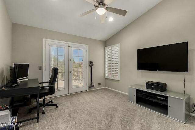 16047 S 14th Dr, Phoenix, AZ 85045 - carpeted office with baseboards, lofted ceiling, french doors, and a ceiling fan