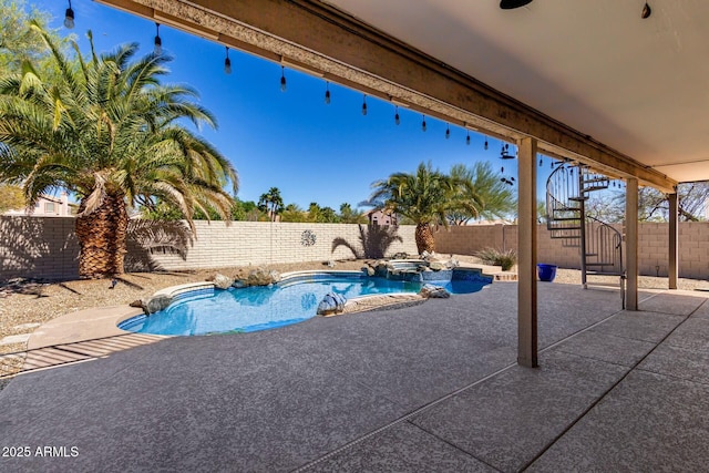 16047 S 14th Dr, Phoenix, AZ 85045 - view of swimming pool featuring stairs, a fenced backyard, a pool with connected hot tub, and a patio area