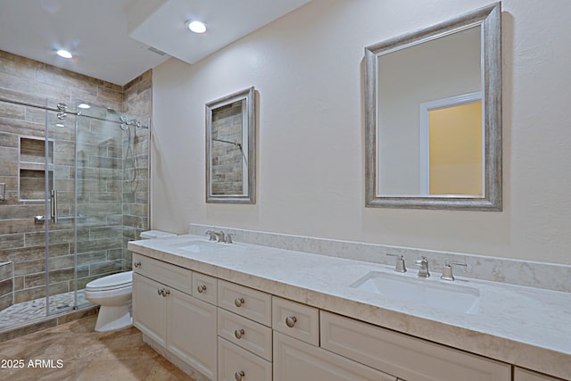 32710 N 71st St, Scottsdale, AZ 85266 - bathroom with a stall shower, double vanity, and recessed lighting