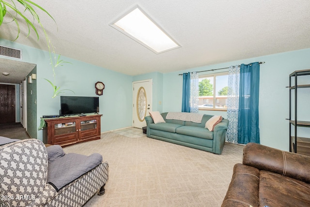 carpeted living room with a textured ceiling