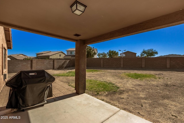 view of yard with a patio area and a fenced backyard