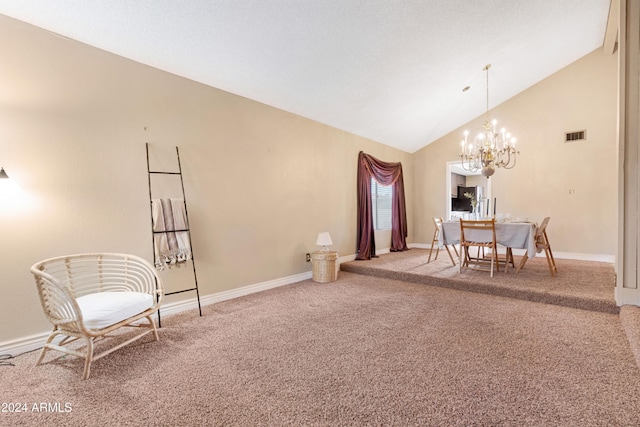 interior space with carpet floors, a chandelier, and high vaulted ceiling