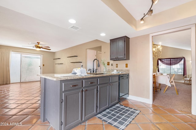 kitchen featuring dishwasher, sink, a healthy amount of sunlight, and ceiling fan with notable chandelier